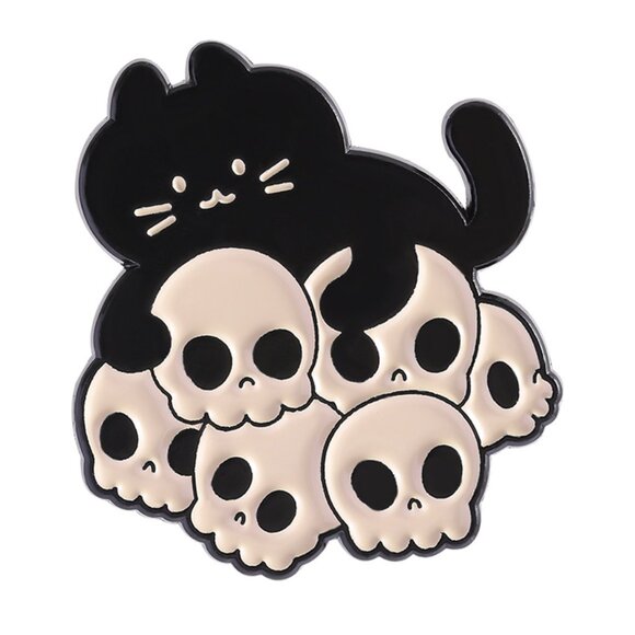 Jewelry - Black Cat & Skull Enamel Pin | Cute Spooky Goth Cat Lapel Pin | Halloween Aesthe